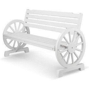 VINGLI Outdoor Wood Bench, 2-Person Rustic Wooden Wagon Wheel Bench, All-Weather White Garden Bench for Patio Yard Porch - 1 of 4