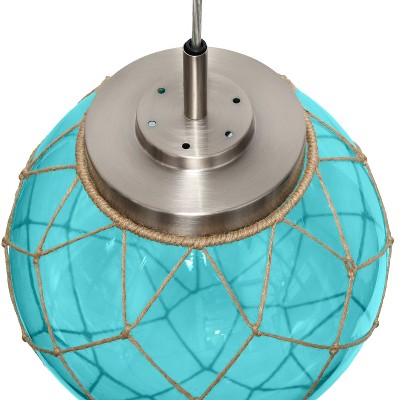Aqua Sea Glass Globe Pendant with Brushed Nickel & Natural Rope Accent