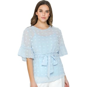 Slickblue Women's Pom-Pom Peplum Top, Ruffle Sleeve Blouse with Waist Tie, Round Neck Style, Light Blue, Size S-L - 1 of 4