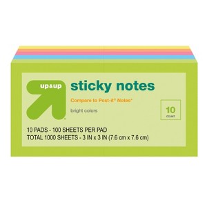 Sticky Notes 10pk 100ct per Pack - up&up™: 3x3 Inch Multicolor, Uncoated Paper, Office Supplies, Glue Binding - 1 of 3