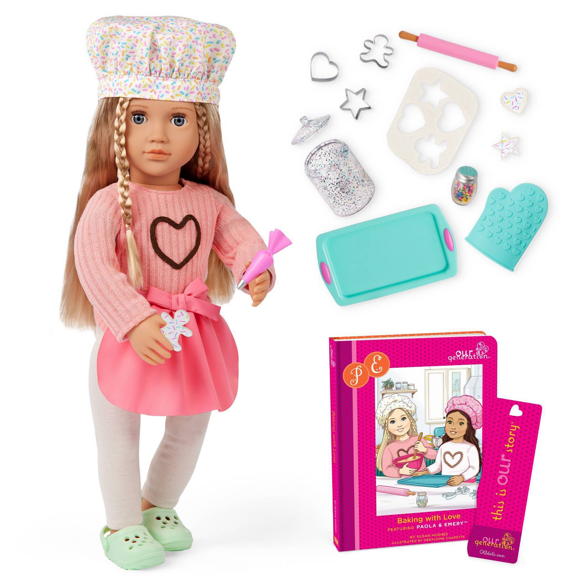 Our Generation Emery Posable 18" Doll with Baking Accessories and Story Book