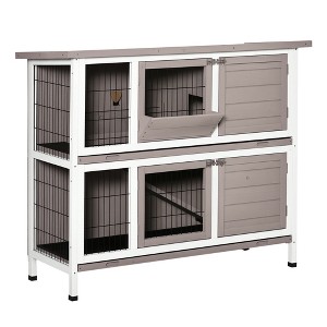 PawHut Indoor or Outdoor Rabbit Hutch with Quick on-the-Go Feeding, Wood Rabbit Cage, Medium Rabbit Hutch, 4 Door, No Leak Tray, Gray Brown - 1 of 4