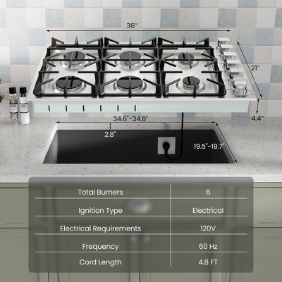 36-Inch Stainless Steel Gas Cooktop with 6 Sealed Burners