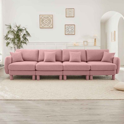 Modern Boucle 4-Seater Sectional Sofa, Sculptural Style Couch with Armrests and Cylindrical Legs, Fabric Couch with Plush Cushion-Coolbibila