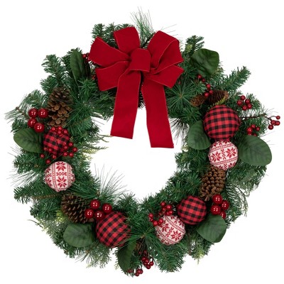 Northlight Red Bow and Mixed Foliage Artificial Christmas Wreath with Ornaments, 30-Inch