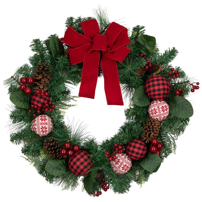 Northlight Red Bow and Mixed Foliage Artificial Christmas Wreath with Ornaments, 30-Inch, 1 of 6