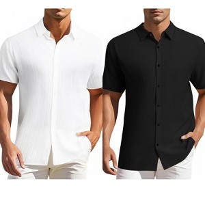 INSPIRE CHIC Men's Summer Point Collar Short Sleeves Button Down Linen Shirts 2 Packs - 1 of 4