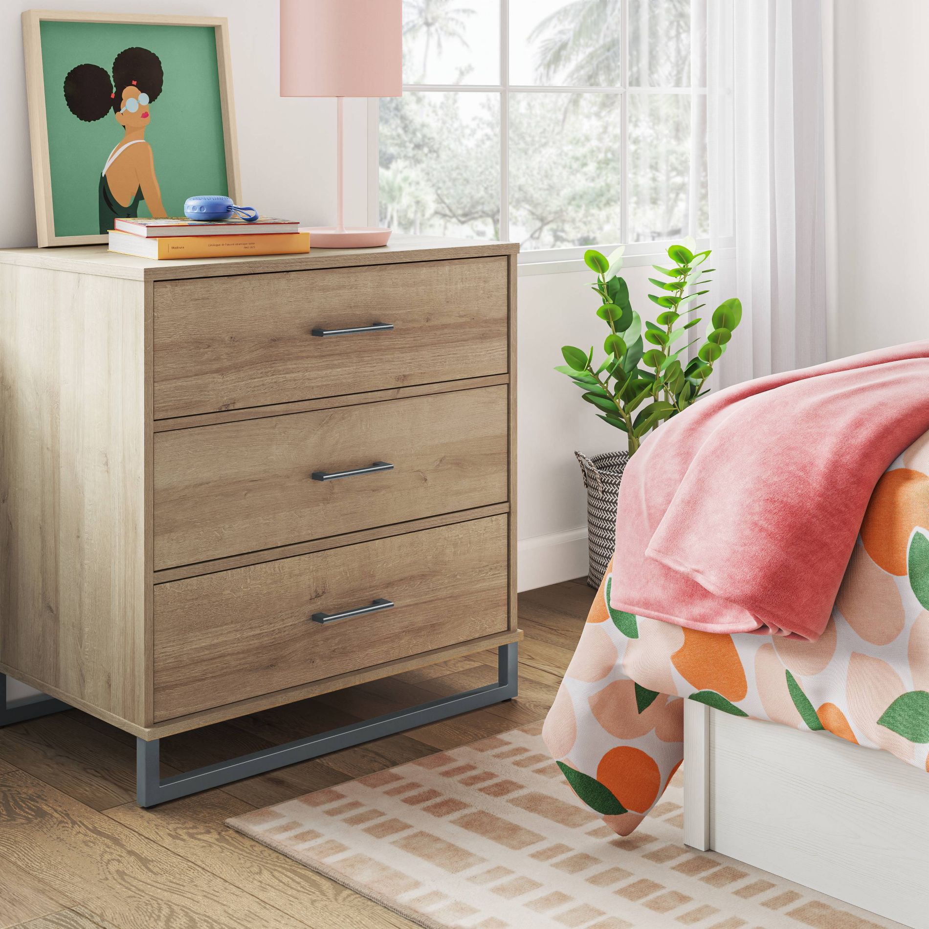 Mixed Material 3 Drawer Dorm Dresser Natural Wood - Room Essentials™: Space-Saving Storage Furniture