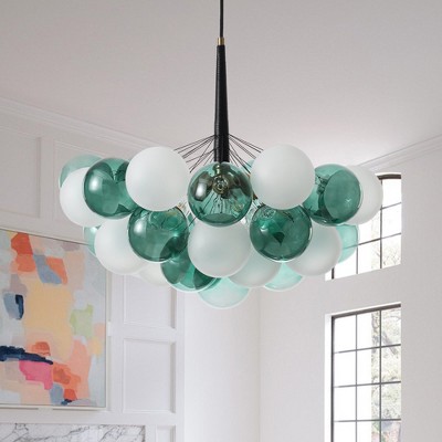 PAKOKULA 5-Light Gold Bubble Cluster Chandelier with Blue and White Glass Shades, Adjustable Dimmable Fixture for Dining Room