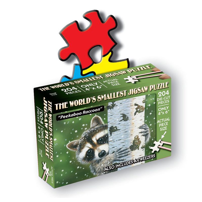 TDC Games World's Smallest Jigsaw Puzzle - Peekaboo Raccoon - Measures 4 x 6 inches when assembled - Includes Tweezers, 1 of 5