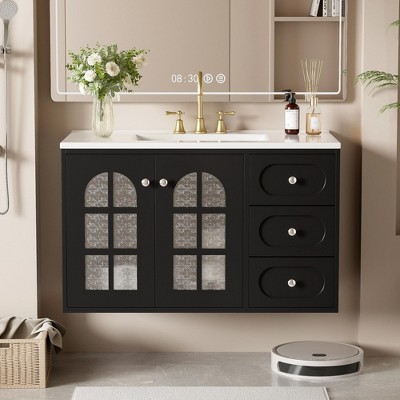 36"W Floating Bathroom Vanity with Ceramic Sink, Wall Mounted Bathroom Cabinet with 3 Drawers, Soft-close Doors and Storage Cabinet, Black-ModernLuxe
