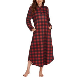 Ekouaer Women's Nightgown Long Sleeve Nightshirt Full Length Loungewear Plaid Sleepwear With Pockets - 1 of 4