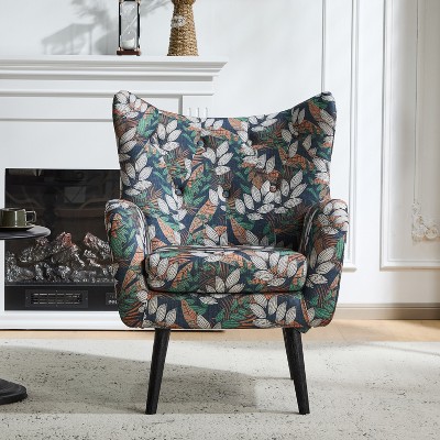 Christopher Knight Home Timon Indoor Floral Pattern Tufted Wingback Arm Chair with Oak Legs