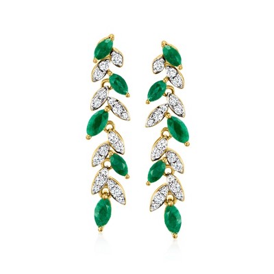 Ross-Simons 3.50 ct. t.w. Emerald and .80 ct. t.w. White Topaz Leaf Drop Earrings in 18kt Gold Over Sterling