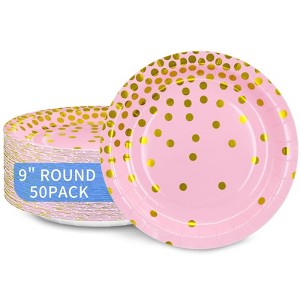 Hachikiko Pink and Gold Paper Plates,9 inch Metallic Foil Polka Dots Disposable Dessert Party Plates Cocktail Party Supplies Plates - 1 of 4