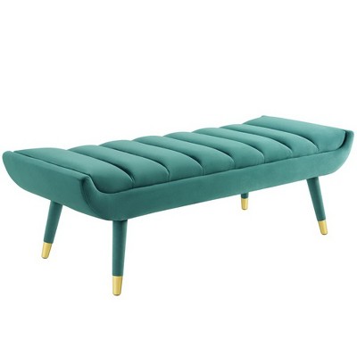 Modway Guess Channel Tufted Performance Velvet Accent Bench Teal – Mid-Century Upholstered Bench with Padded Seat and Gold Legs