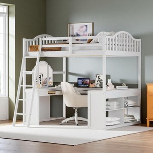 Polibi Full Size Wood Loft Bed with Built-In U-Shaped Desk, Vanity Mirror Station & Storage Shelves - 1 of 4