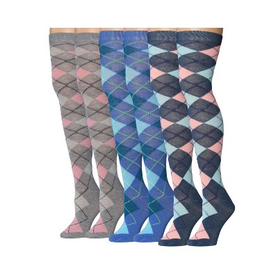 Isadora Paccini Womens 3 Pairs Charming Argyle Symphony Pinkish Grey Blue Deep Blue Over The Knee High Socks