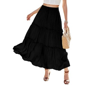 Womens High Waisted Long Skirts A Line Boho Ruffle Flowy Tiered Pleated Maxi Skirt with Pockets - 1 of 4