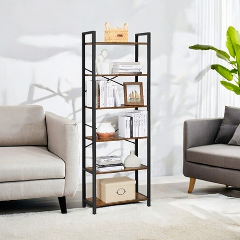 6-Shelf Metal Frame hot Bookcase, Rustic Brown