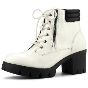 BLISSFUL STEP Women's Round Toe Chunky Heel Lug Sole Lace Up Zipper Combat Boots - 1 of 4