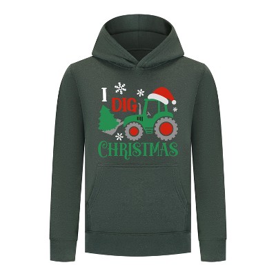 Everyday Kids Christmas Collection I Dig Christmas Pullover Hoodies – Holiday Tractor Sweatshirt - Green