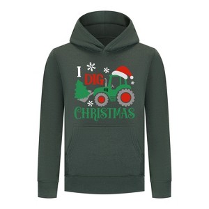 Everyday Kids Christmas Collection I Dig Christmas Pullover Hoodies – Holiday Tractor Sweatshirt - Green - 1 of 2