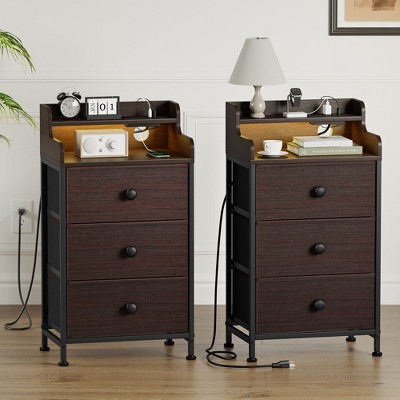 WOWLIVE Nightstand With 3 Drawers & 2-Tier Open Shelf, Bedside Table With LED& 2 USB Ports, Stable Metal Frame