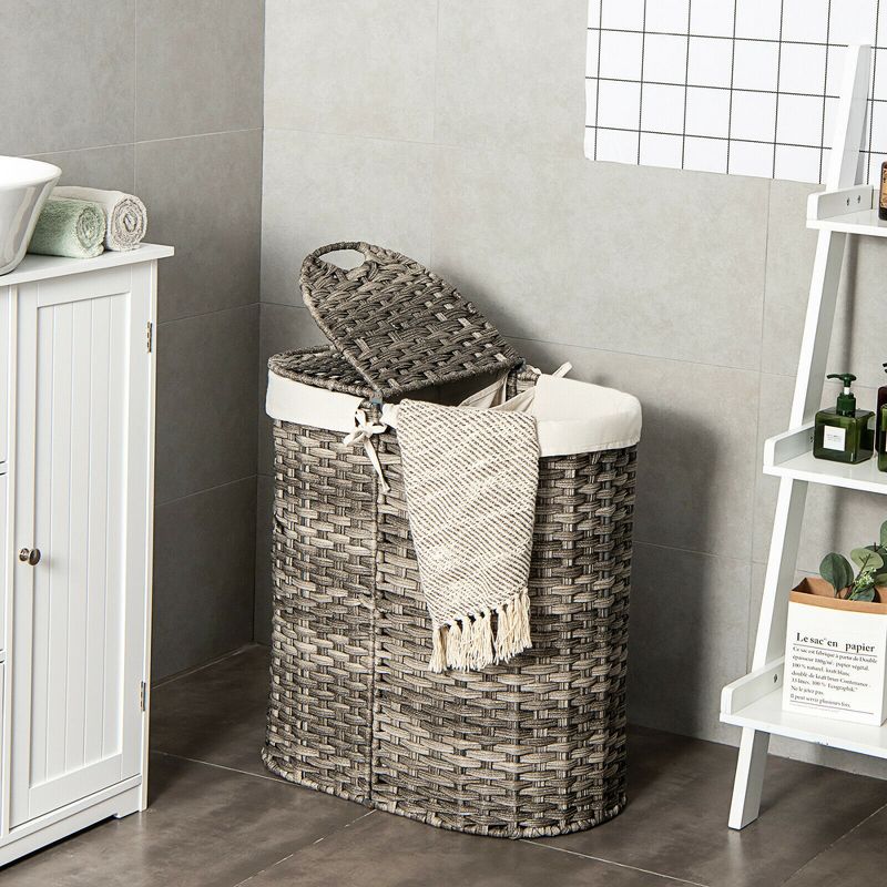 Costway Handwoven Laundry Hamper Laundry Basket w/2 Removable Liner Bags Brown/Grey, 2 of 11