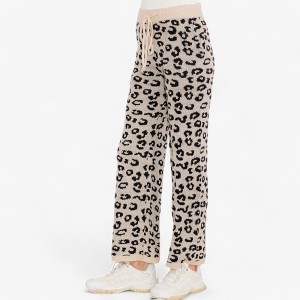 Amaryllis Women's  Leopard Print Knit Pants High-Waist Elastic Band Wide-Leg Lounge Bottoms with Soft and Stretchy Fabric - 1 of 4