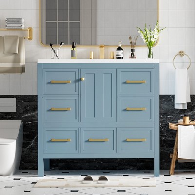 36'' Blue Freestanding Bathroom Vanity with Resin Sink and Drawers