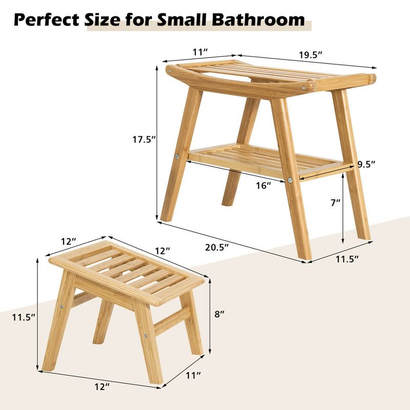 Costway Bamboo Shower Bench with Foot Stool Shower Seat Bench with Underneath Storage Shelf Spa Bath Chair, 4 of 10