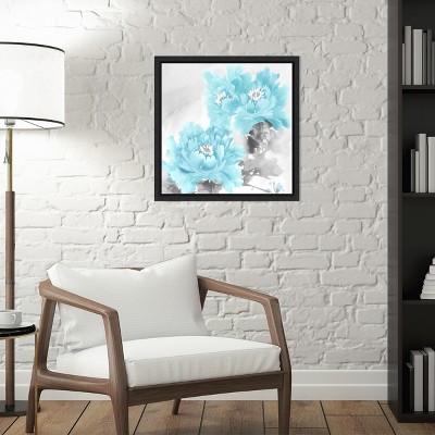 Aqua and Grey Floral Canvas Print with Black Frame