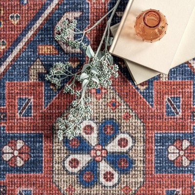 Stella Red and Blue Washable Synthetic Tribal Area Rug