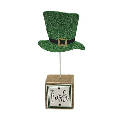Saint Patricks 7.25 In Wooden Block With Irish Hat Luck Green Glittered Tabletop Signs