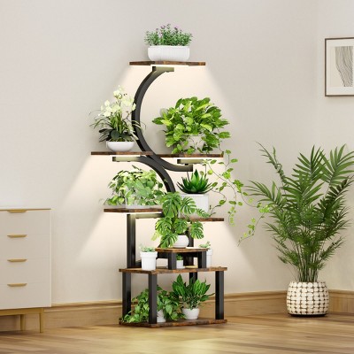 8-Tier Metal Indoor Plant Stand with Grow Lights,  Wood Shelves, Vertical Multi-Tier Display Shelf for Home Decor - Coolbibila