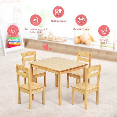 Natural Pine Wood Kids Table and Chair Set, 5-Piece