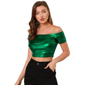 Allegra K Women's Off Shoulder Party Club Slim Fit Shiny Metallic Crop Top - 1 of 4