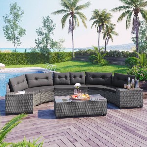 Nestfair 8pc Wicker Outdoor Half Moon Sectional Sofa Set with Coffee Table and Cushions Gray - 1 of 4