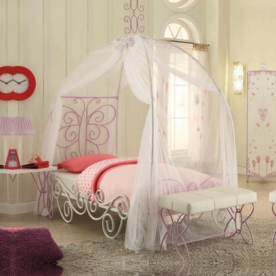 Priya II White and Light Purple Twin Canopy Bed with Butterfly Headboard
