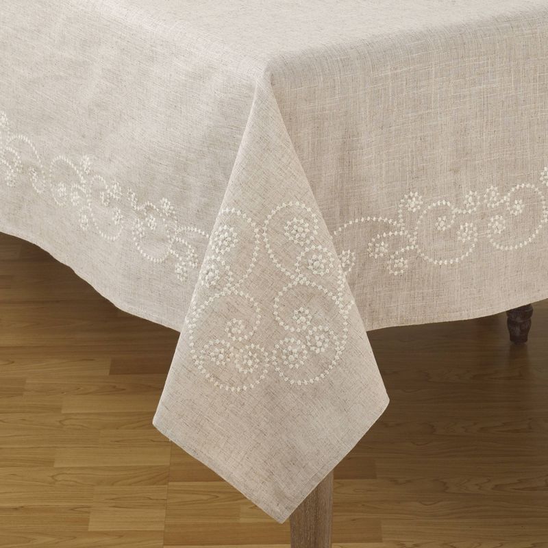 Embroidered Swirl Design Simple Natural Linen Blend Tablecloth - Saro Lifestyle, 2 of 5