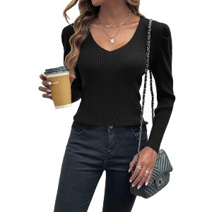 Zeagoo Fall Sweaters for Women 2024 Casual Long Sleeve Shirts V Neck Pullover Puff Slim Fit Tops - 1 of 4