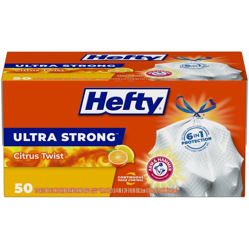 Hefty Ultra Strong Tall Kitchen Drawstring Trash Bags - Citrus Twist Scent - 13 Gallon - 50ct, 1 of 10
