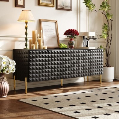 Famapy Black Credenza Sideboard Table with Diamond Pattern Doors Mid-Century Modern Storage Cabinet Bookshelves Bookcase