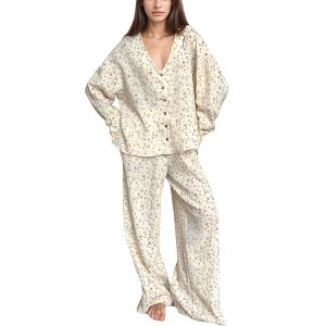 Anna-Kaci Lounge Women's Floral Print Woven Pajama Set with V-Neck Button Down Top and Wide Leg Elastic Waist Pants - 1 of 4