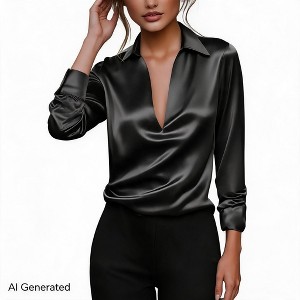 【極美品】5 WAY COLLAR TAB BLOUSE Satin Blouse Tops for Women Collar Deep V Neck Cuffed Long Sleeve
