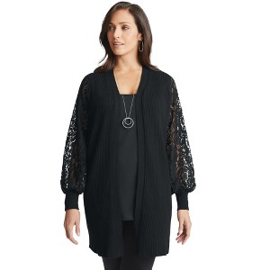 Jessica London Women's Plus Size Rib Lace Sleeve Cardigan - 1 of 4
