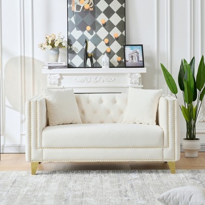 Sapphtopaz Velvet Couches for Living Room with Nailhead&Button Tufted Upholstered Leisure Sofa with Square Arms&Deep Seat for Apartment
