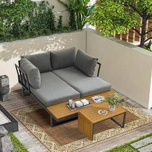 Aluminum Patio Furniture Set Outdoor L-Shaped Sectional Sofa With Plastic Wood Side Table And Soft Cushion Sectional Chat Sofa - 1 of 4