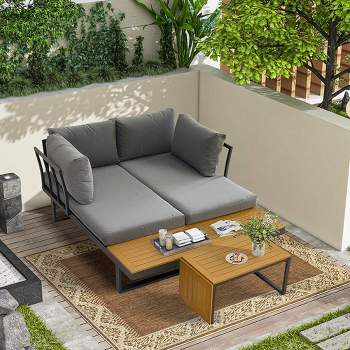 Aluminum Patio Furniture Set Outdoor L-Shaped Sectional Sofa With Plastic Wood Side Table And Soft Cushion Sectional Chat Sofa